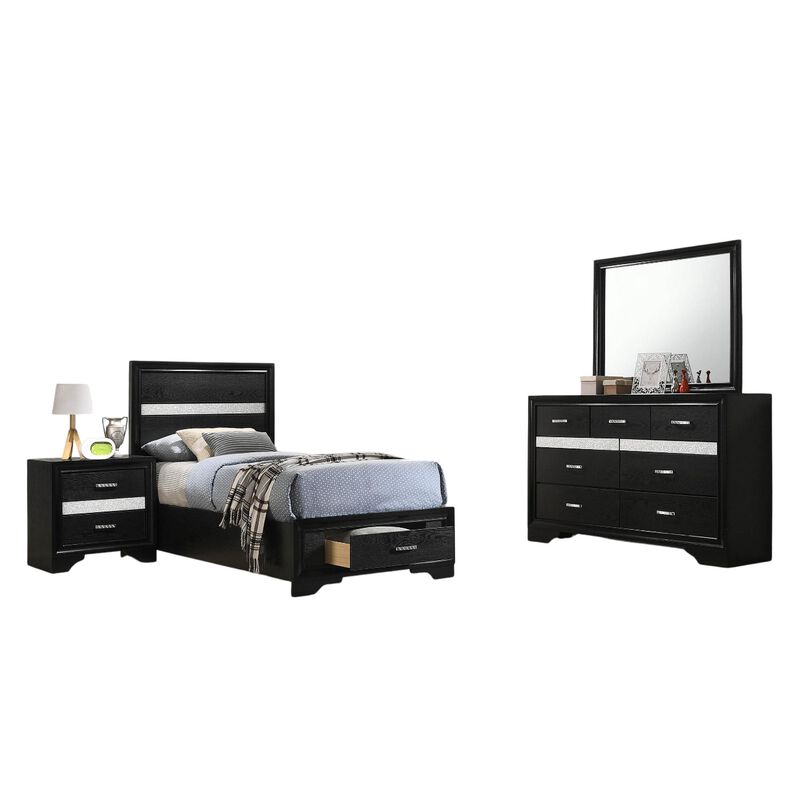 Vino 4pc Twin Bedroom Set, Storage Footboard, Black, Glitter Stripes image number 0