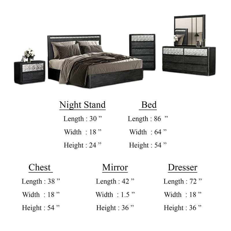 Zoko 5pc Queen Bedroom Set, USB Nightstand, Dresser Mirror, Ash Gray