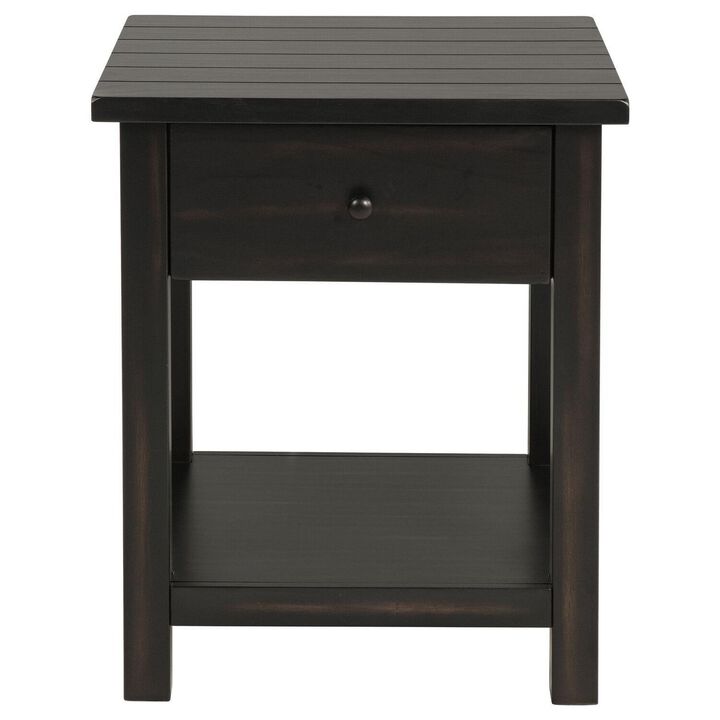 Ayne Side End Table, 1 Shelf, 1 Drawer, Black Wood, Square 20 Inch