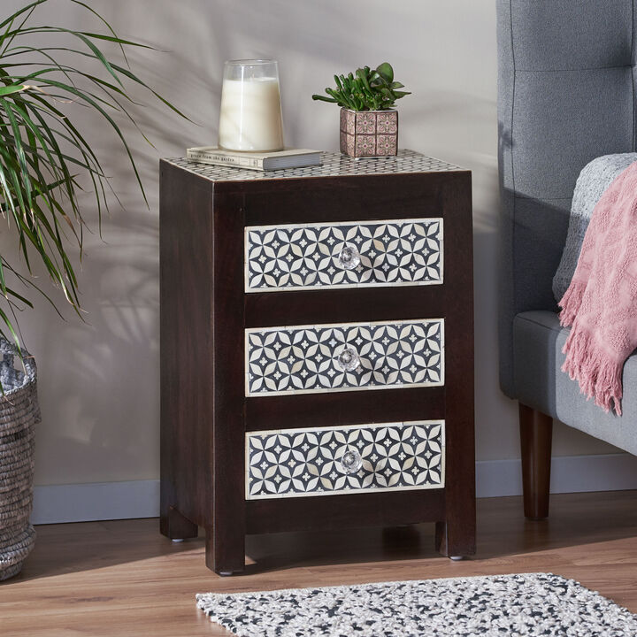 Streamdale Mango Wood Bone Inlay Nightstand With 3 Drawers