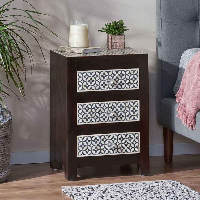 Streamdale Mango Wood Bone Inlay Nightstand With 3 Drawers