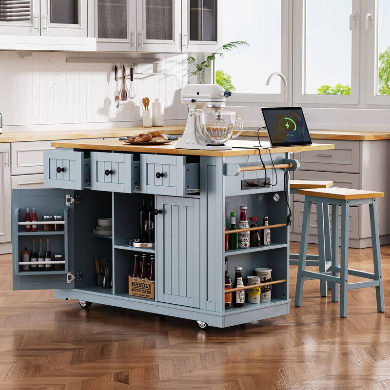 Whisen Classic Style Kitchen Cart Island with Drop Leaf, 5 Open Side Racks, 3 Drawers and Locking Wheels