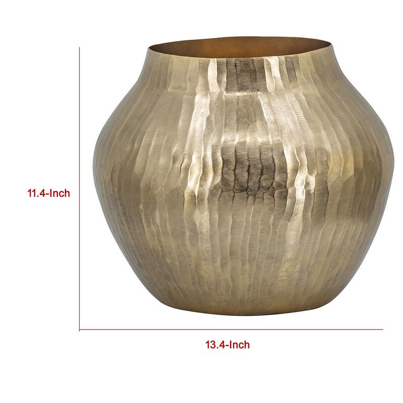 Kria 13 Inch Modern Vase, Curved Shape, Hammered Texture, Gold Metal Finish - Benzara
