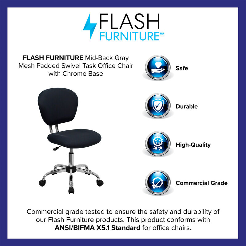 Beverly Mid-Back Gray Mesh Padded Swivel Task Office Chair with Chrome Base image number 3