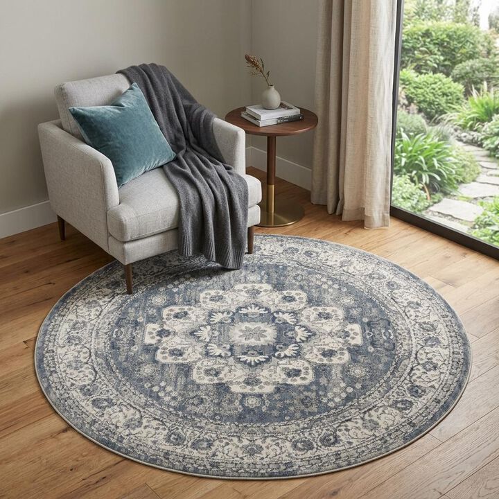 HomeRoots Round Oriental Power Loom Non Skid Area Rug