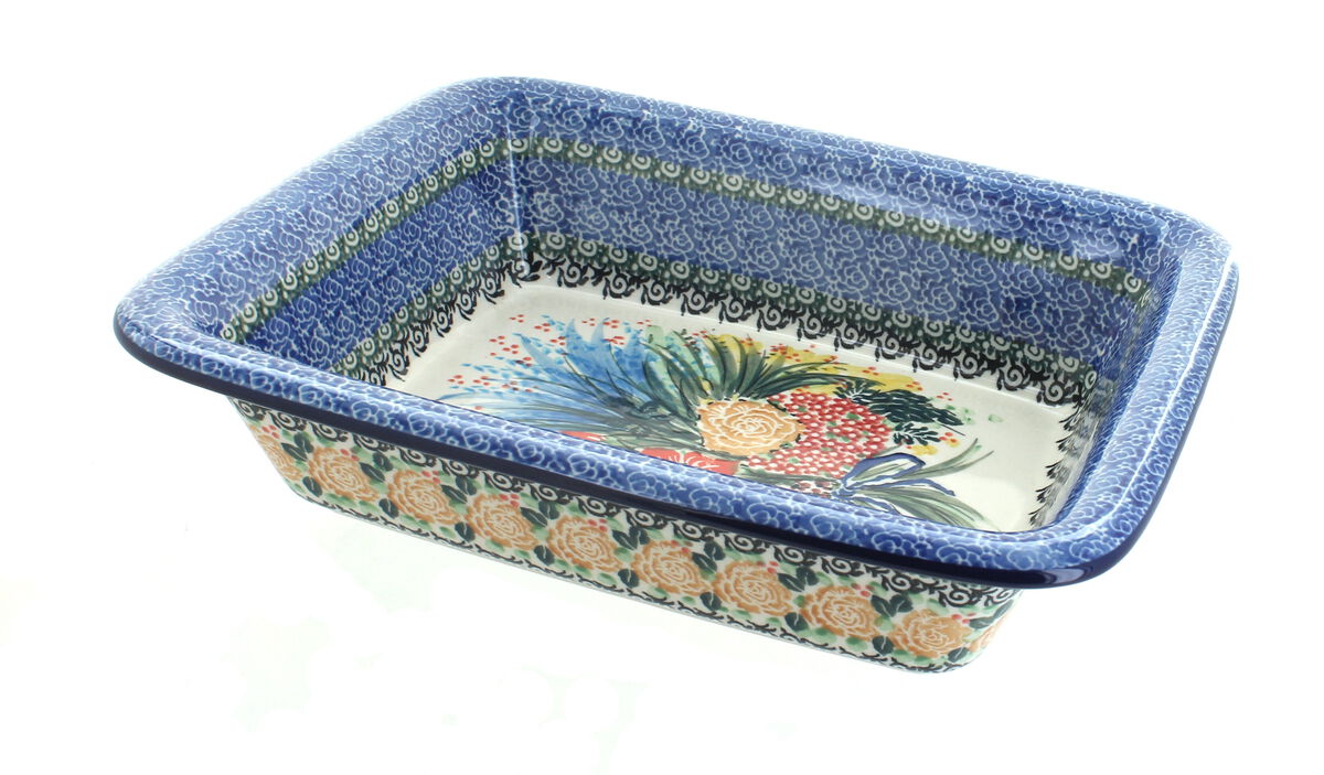 Blue Rose Polish Pottery Summer Blooms Small Rectangular Baker