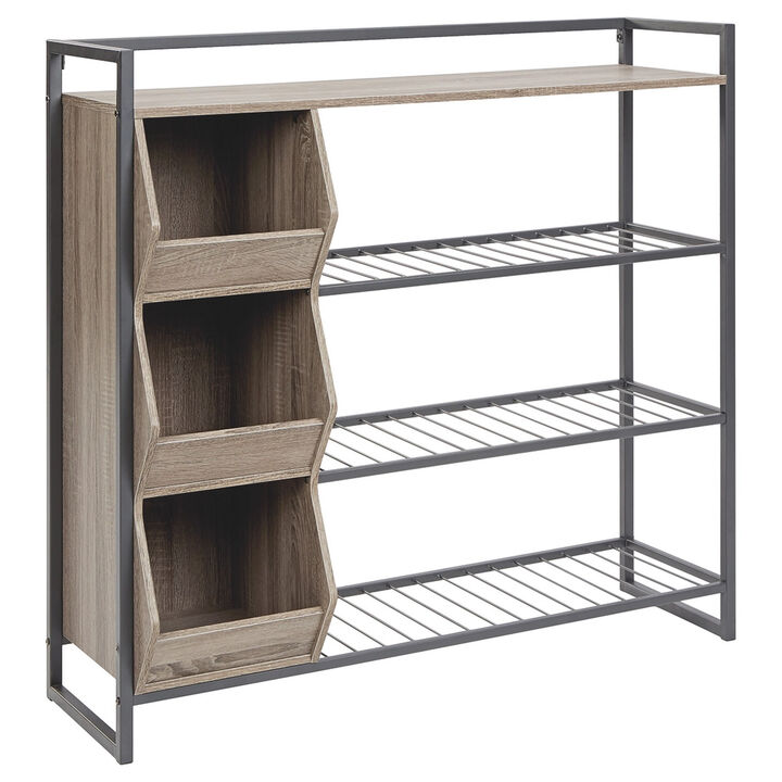 43.25 Inches 3 Cubby Shoe Rack with 4 Shelves, Brown and Gray - Benzara