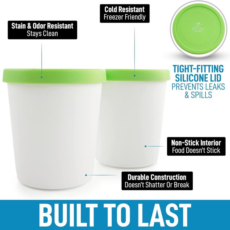 (2 Pack - 1 Quart Each) Large Ice Cream Containers For Homemade Ice Cream - Green