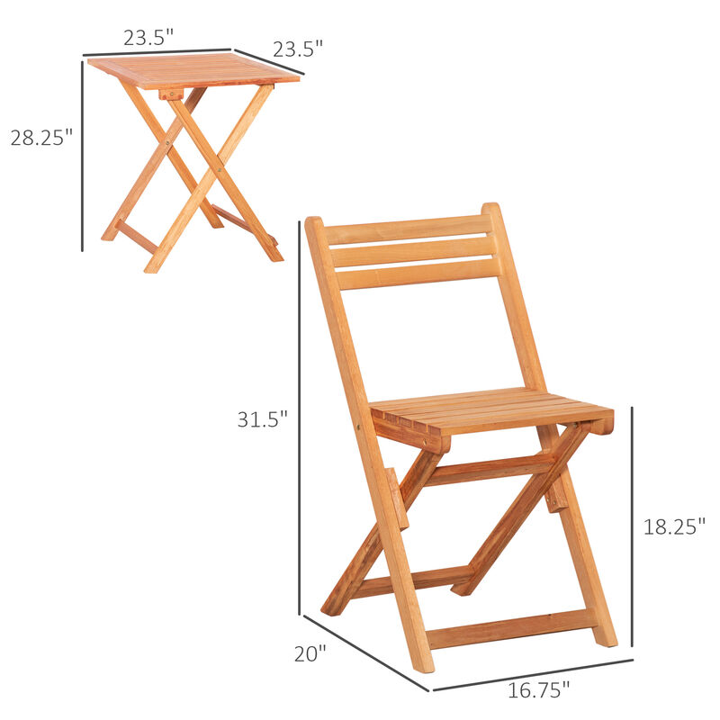 3pc Patio Bistro Set, Folding Garden Furniture, Wooden Chairs, Table, Teak