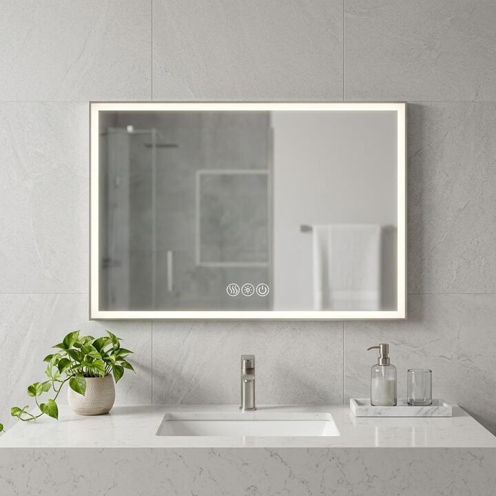 HomeRoots 32" Silver Aluminum Lighted Framed Anti Fog Bathroom Vanity Mirror