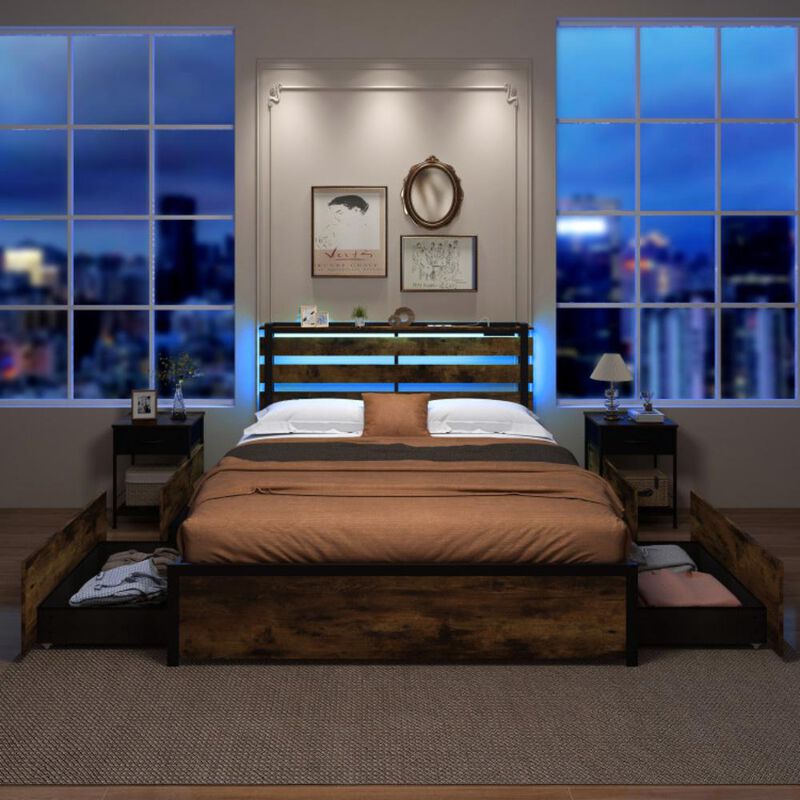 Hivvago Bed Frame with Drawers LED Lights and USB Ports