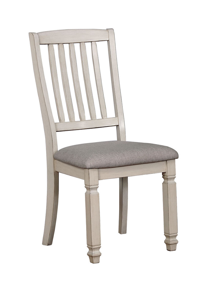 Solid Wood Side Chair With Fabric Padded Seat, Pack of Two, Antique White and Gray-Benzara image number 1
