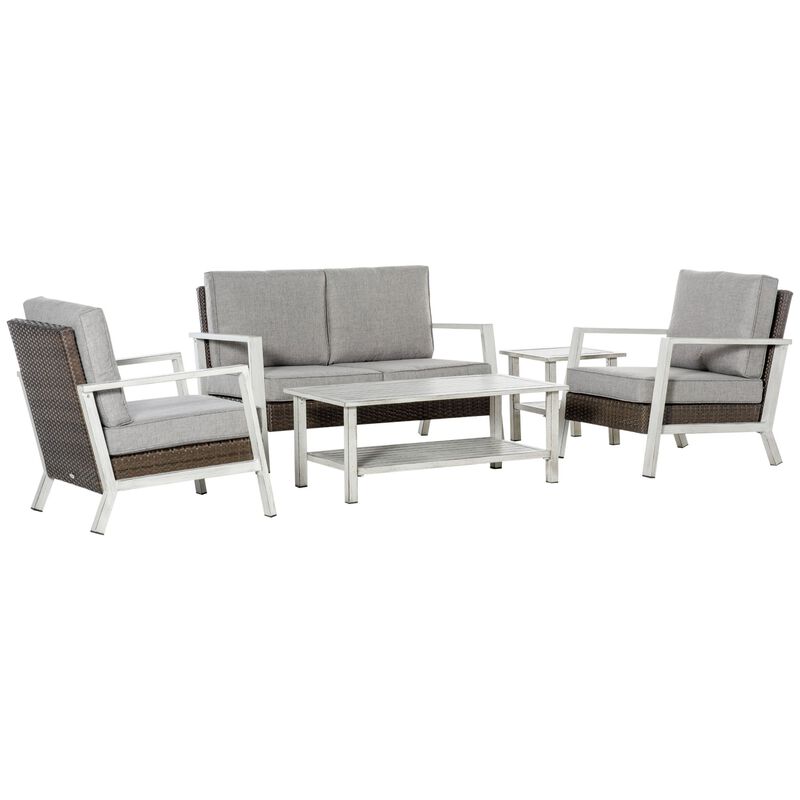 Beige Wicker Oasis: 5-Piece PE Rattan Set with Tables