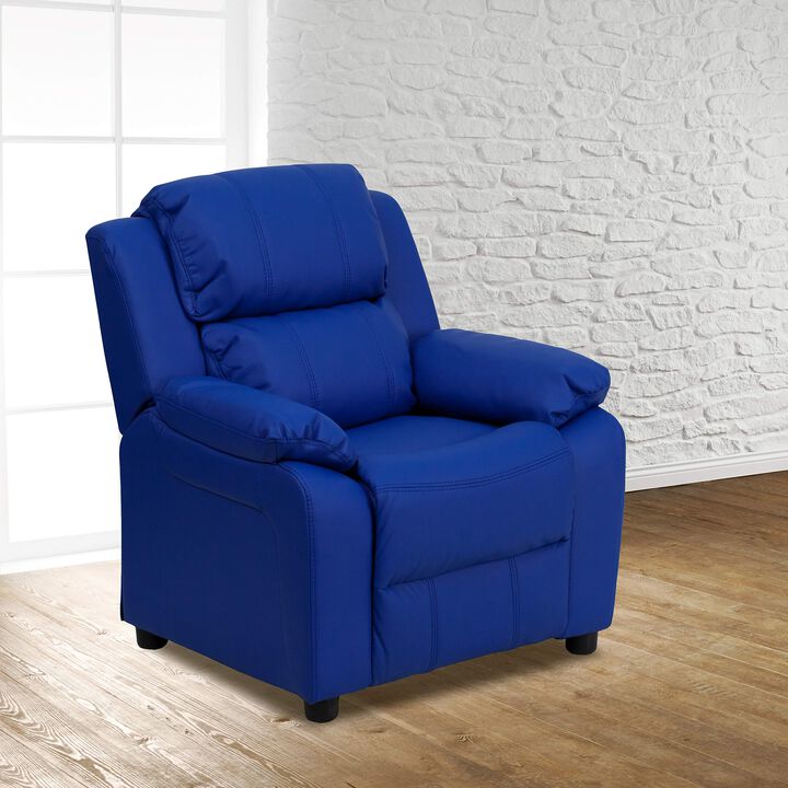 Flash Furniture Charlie Vinyl Kids Recliner with Flip-Up Storage Arms and Safety Recline, Contemporary Reclining Chair for Kids, Supports up to 90 lbs., Blue
