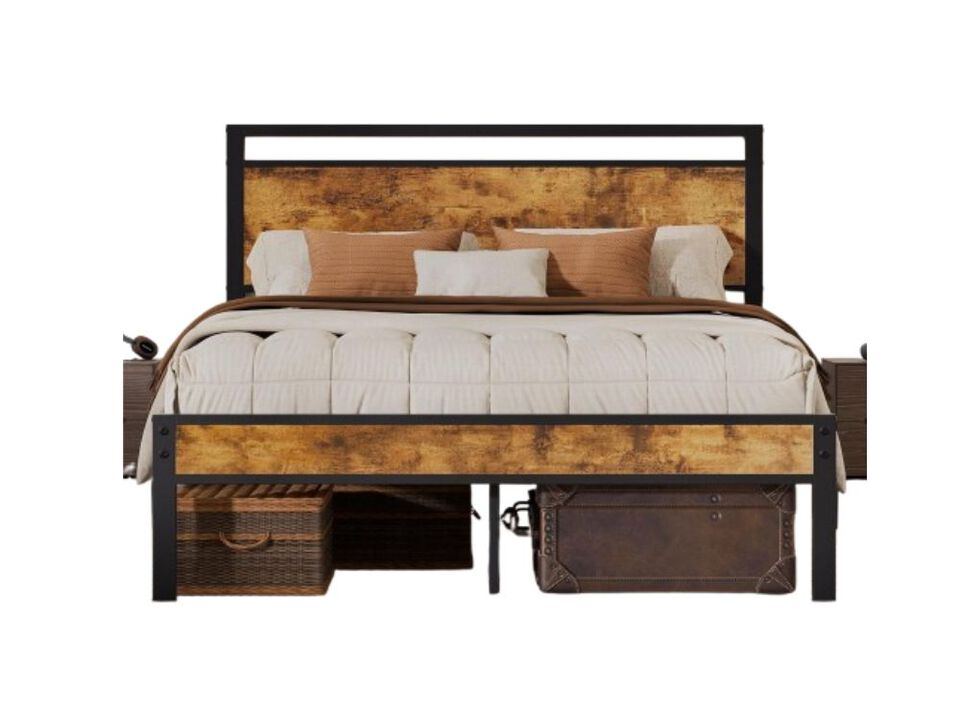 Queen Bed Frame With Modern Wood Headboard & Footboard, Upgraded Heavy Duty Metal Sturdy Bed Frame Queen Size, Stable Platform Bed Furniture Bed Storage, No Noise, No Box Springs, Vintage Brown