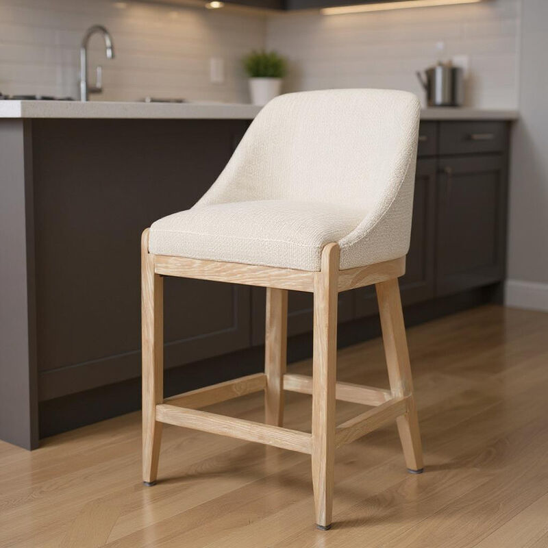 HomeRoots 27" Beige and Natural Fabric and Solid Wood Counter Height Bar Chair image number 1