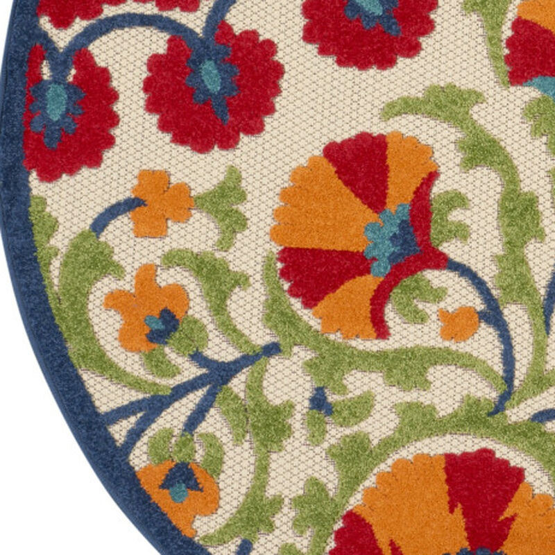 HomeRoots 4' Navy Blue Beige Green Blue And Red Round Floral Indoor Outdoor Area Rug image number 2