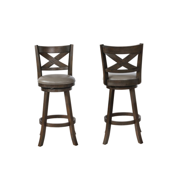 2Pc Beautiful Elegant Upholstered Swivel Chair Barstool Faux Leather Upholstery Padded Back Kitchen Dining Rustic Gray