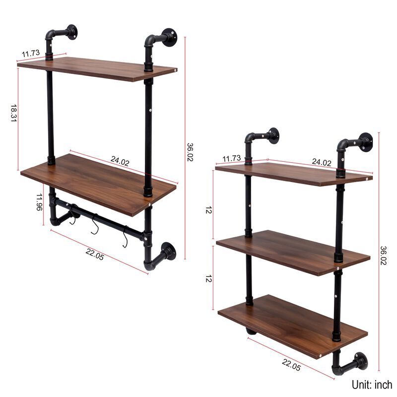 Clihome Industrial Pipe 36in Shelf, 3 Tier and 2 Tier Wood Wall Mounted Display Shelves image number 6