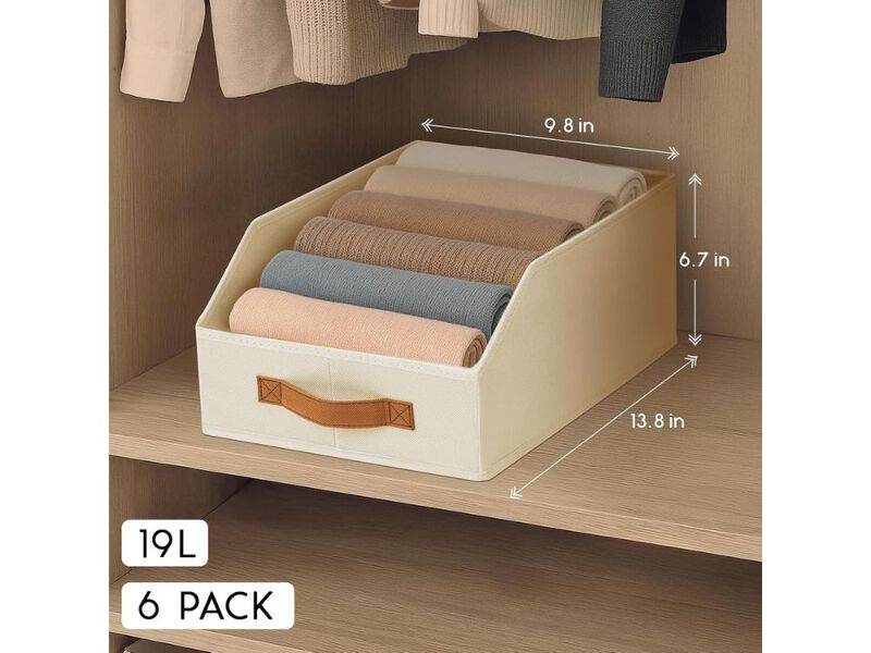 6 Pack Fabric Storage Bins Large Collapsible Shelf Organizer Beige Boxes image number 2