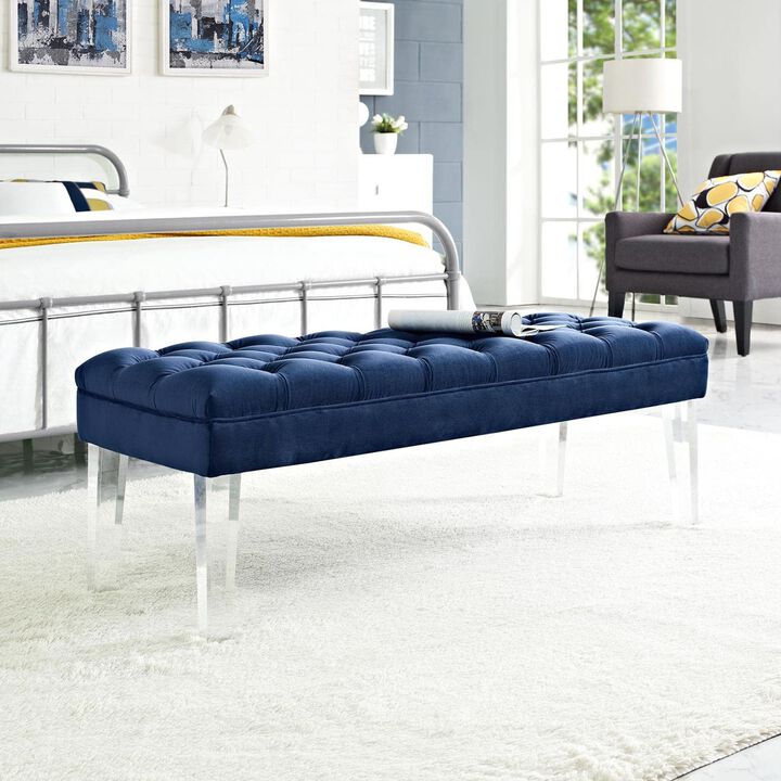Modway Valet Tufted Button Performance Velvet Upholstered Bedroom Or Entryway Bench with Acrylic Legs in Navy