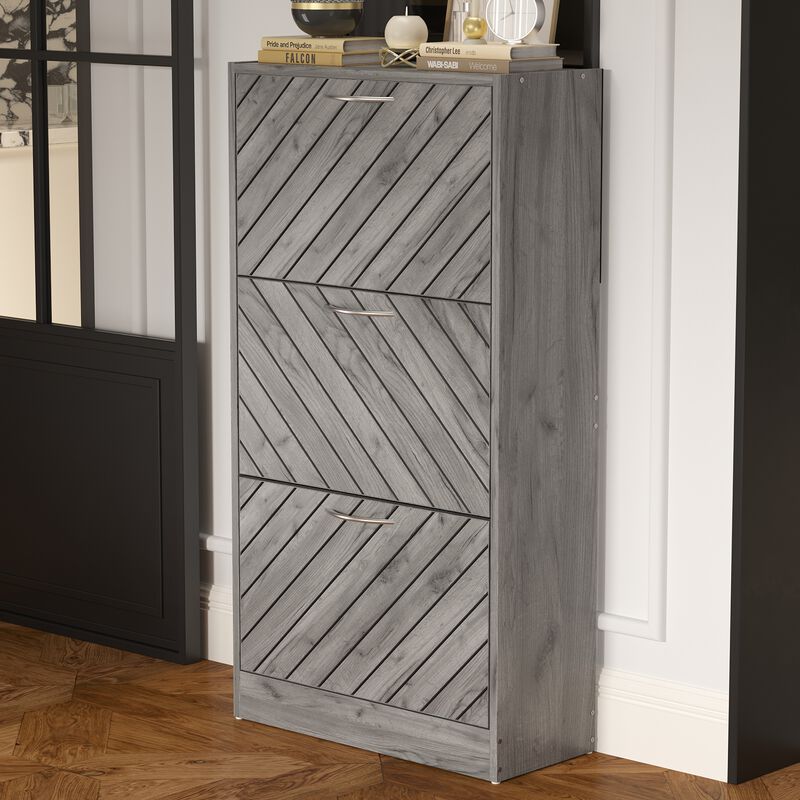 Gray 18-Pair Shoe Storage Cabinet with 3-Drawers and 6-Compartments and Wood Grain