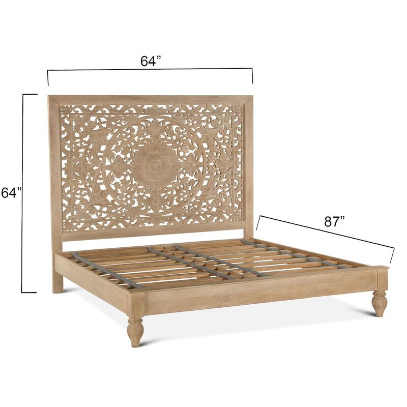 World Interiors Haveli Mango Wood Queen Bed in Natural Whitewash Finish image number 5