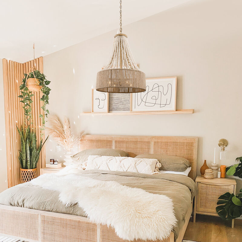 4-Light Bohemiann Woven Hemp Rope Wood Beads Chandelier