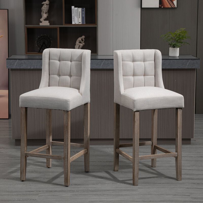 Modern Bar Stools Set of 2, Tufted Upholstered Barstools, Pub Chairs with Back, Rubber Wood Legs for Kitchen, Dinning Room, Beige image number 2
