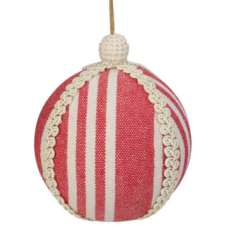 4.75" Red and White Striped Ball Christmas Ornament with Rope Accent image number 2