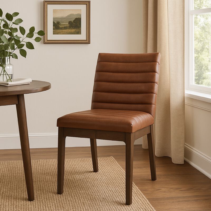 Lissa Dining Chair, Channel Stitching, Brown Polyester Cushions, Wood Legs - Benzara