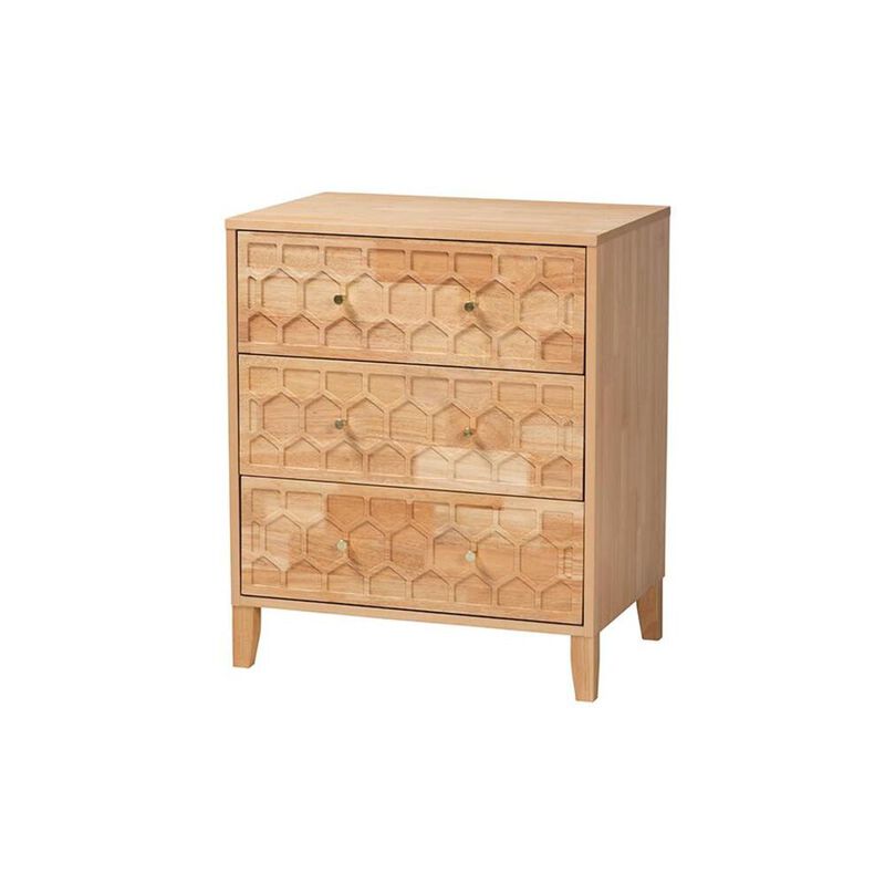 Baxton Studio Hosea Japandi Carved Honeycomb Natural 3-Drawer Chest