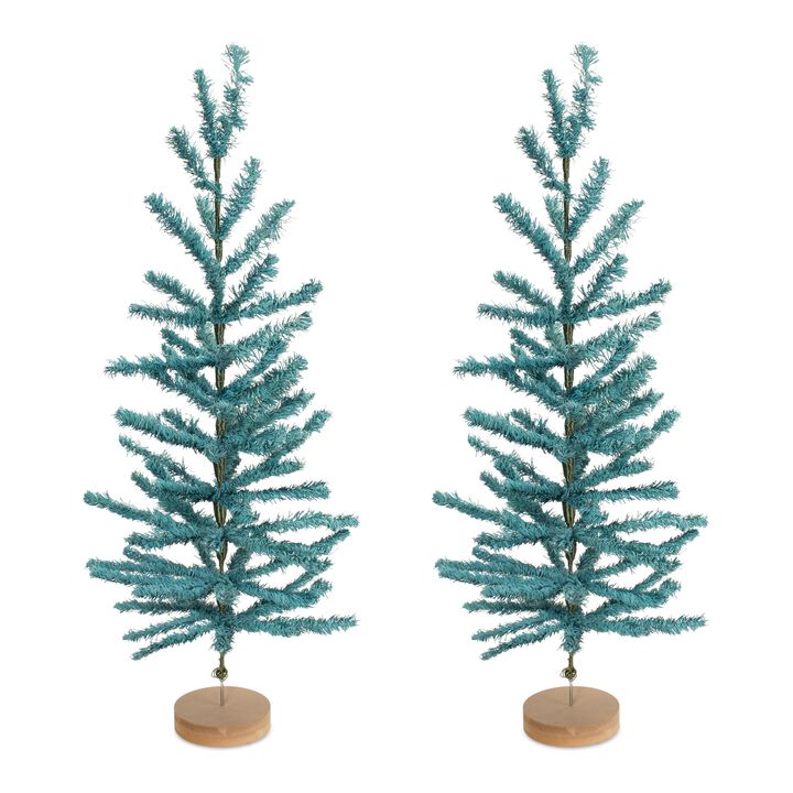 Mini Pine Tree Set of 2 with Rustic Wood Base for Tabletop or Mantel Display