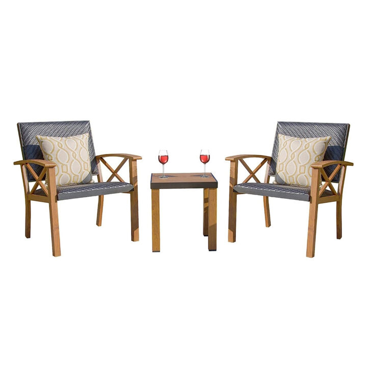 Patio Bistro Set 3 Pieces with Wood Grain Aluminum Wicker Padded Porch Chairs, Coffee Table, Outdoor Conversation Set with Beige Sunbrella Pillows(1 Table+2 Chairs)