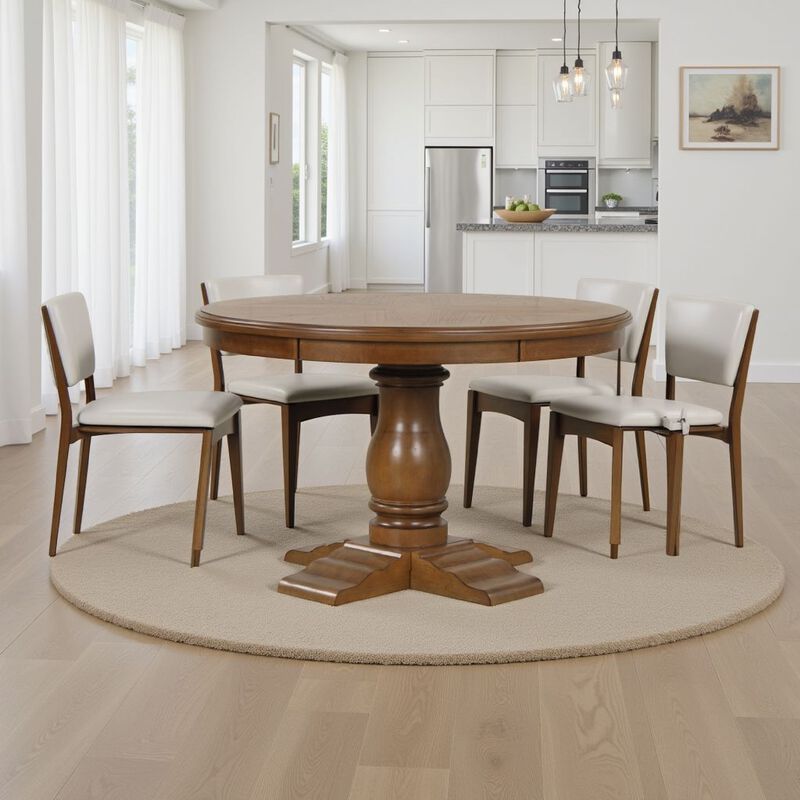 Dinie Dining Table, Classic Turned Base, Chestnut Brown Wood 48 Inch - Benzara image number 5
