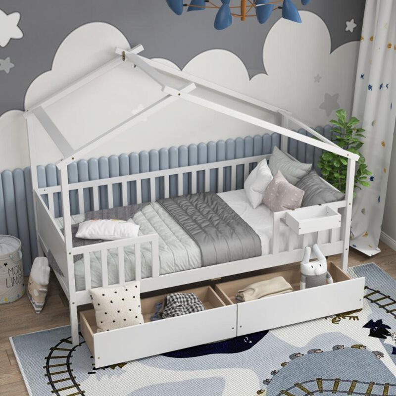Hivvago Twin House Bed with 2 Storage Drawers and Roof & Fence Rails