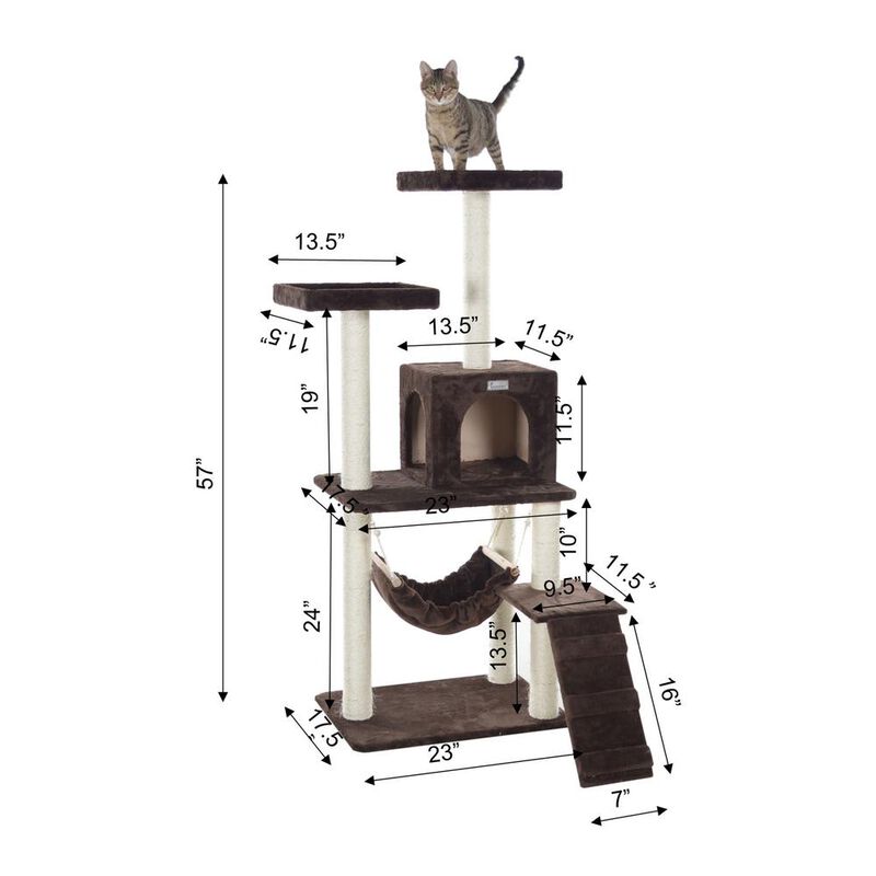 Armarkat 57-Inch Real Wood Cat Tree In Coffee Brown With Four Levels, Ramp