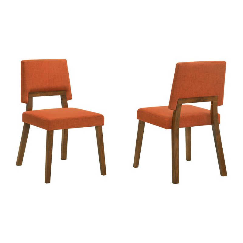 Yumi 23 Inch Dining Chair, Set of 2, Orange Fabric Seat, Walnut Brown - Benzara