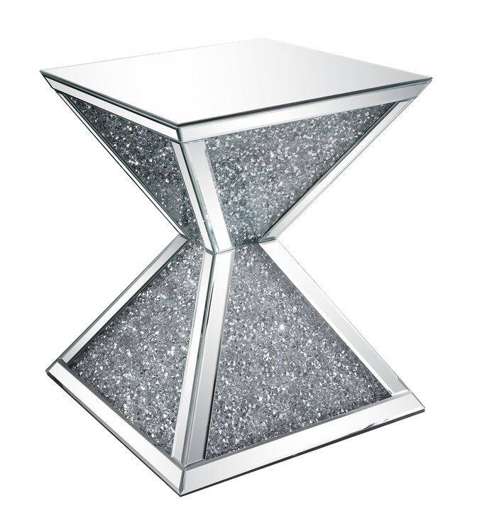 Sparkling End Table with Faux Diamonds Inlay , Silver and Clear