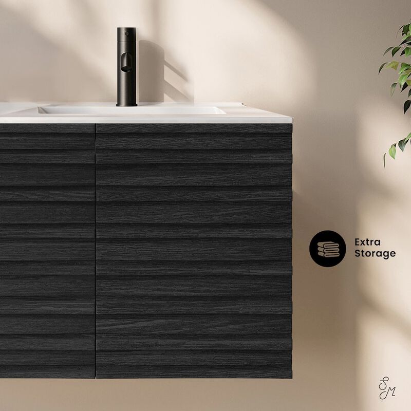 Cascade 48" Wall-Mounted Bathroom Vanity in Black Oak with Double Basin Sink Top image number 2