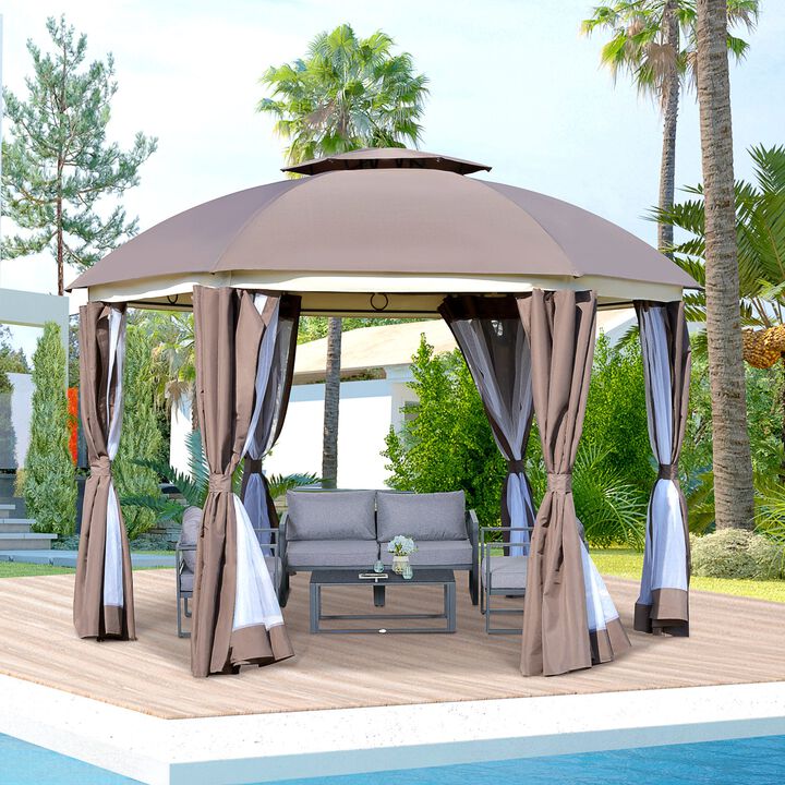 12' x 12' Steel Gazebo Canopy Party Tent Shelter with Double Roof, Curtains, Netting Sidewalls, Top Hook, Brown