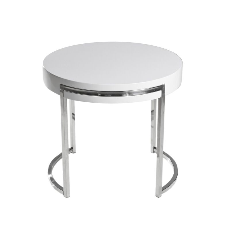 Dami 22 Inch Side End Table, White Lacquer Round Top, Open Metal Frame