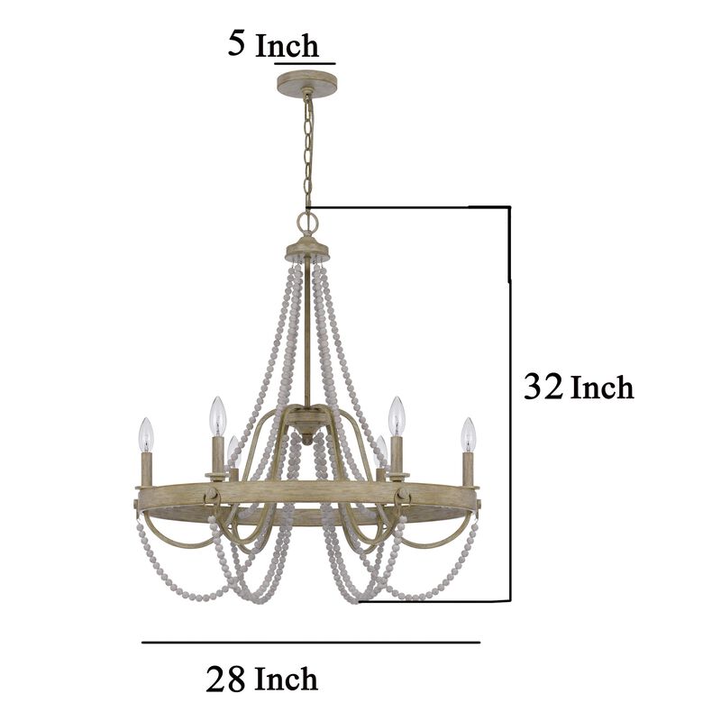 Maci 28 Inch Chandelier, White Beaded Candelabra Design, Brown Wood - Benzara