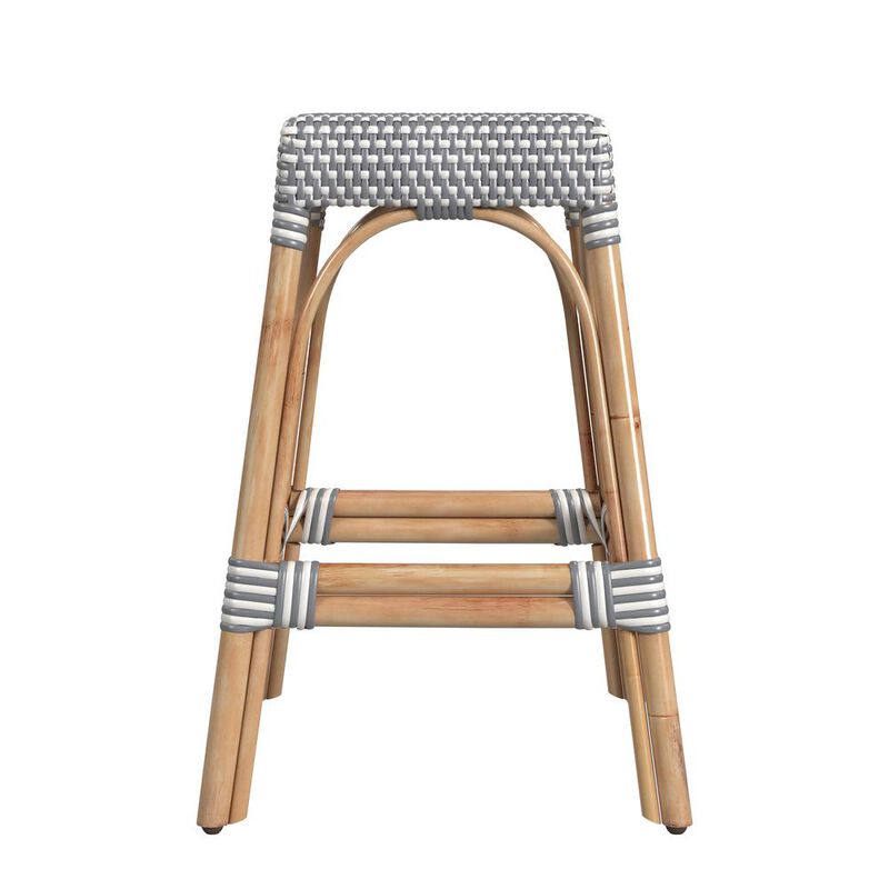 Butler Specialty Robias Rectangular Rattan 24.5 Counter Stool, White and Gray Dot