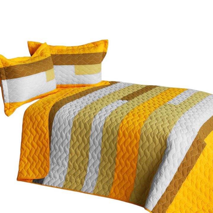 Quin Size 3 Piece Patchwork Striped Quilt Set with Quilted Stitch Design-yellow