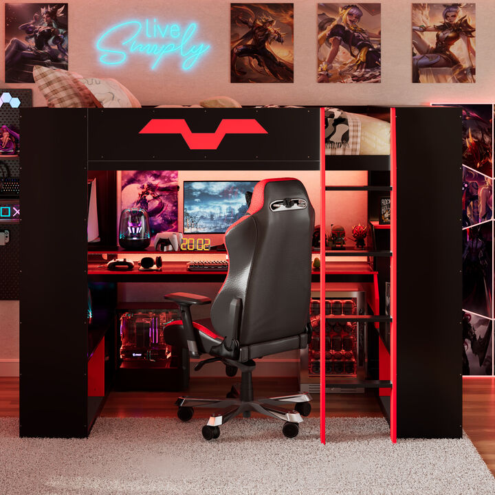 Whisen Full Size Loft Bed with RGB Lights, Power Outlet & Shelves, Wood Gaming Desk for Bedroom