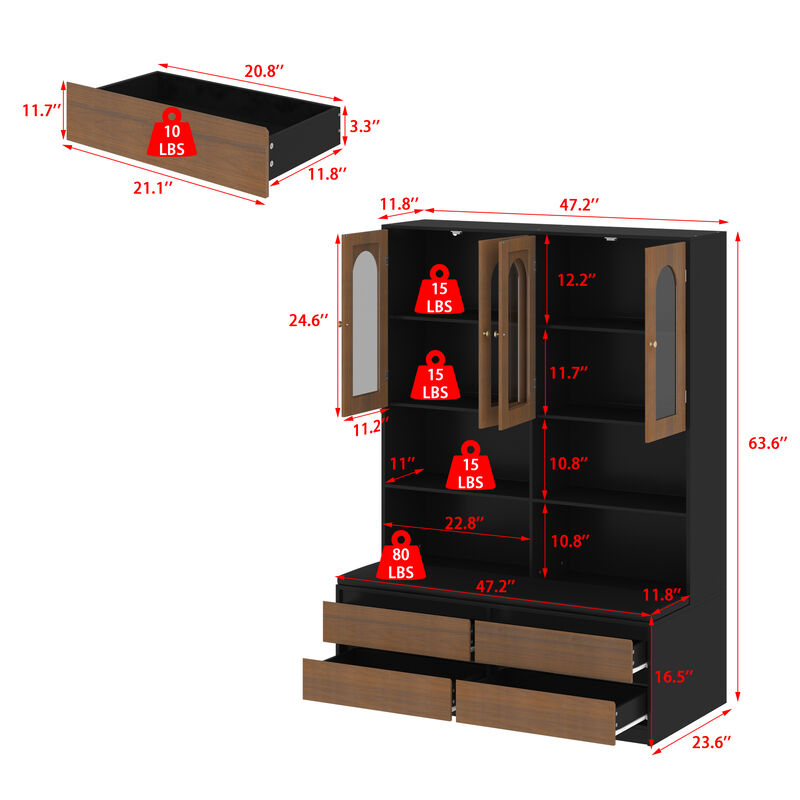 FUFU&GAGA Modern Cabinet with Seating &ndash; MDF Construction, 4 Glass-Panel Doors, 4 Drawers, and Cotton Seat Cushion, (47.2" L x 11.8" W x 63.6" H), Brown