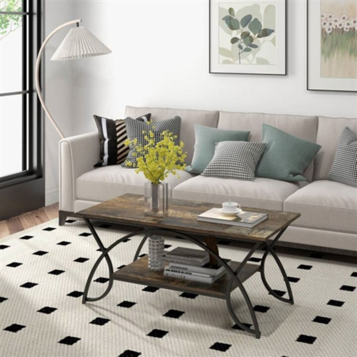 Farmhouse-Inspired 2-Tier Wood Coffee Table with Curved Metal Accents