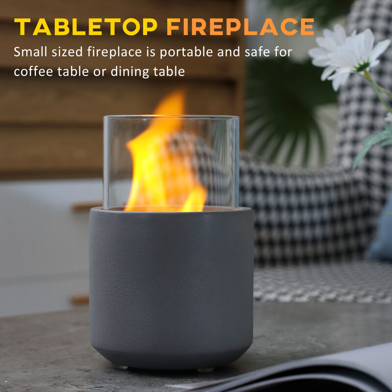 HOMCOM Tabletop Fireplace, Mini Concrete Ethanol Fire Bowl with Lid, Burns up with Liquid Alcohol and Solid Tablet Alcohol, Light Grey