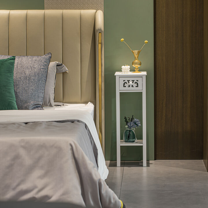 Acacia Wood Slim Bedside Table with Minimalist Design and Space-Saving Functionality, Wood Drawer and Open Shelf Side Table, White